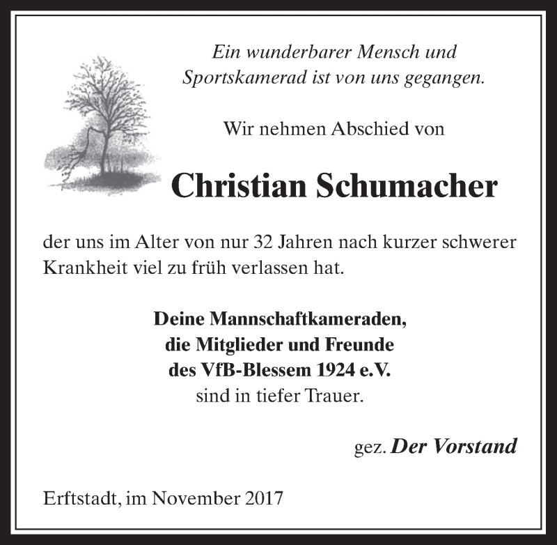  Traueranzeige für Christian Schumacher vom 15.11.2017 aus  Werbepost 