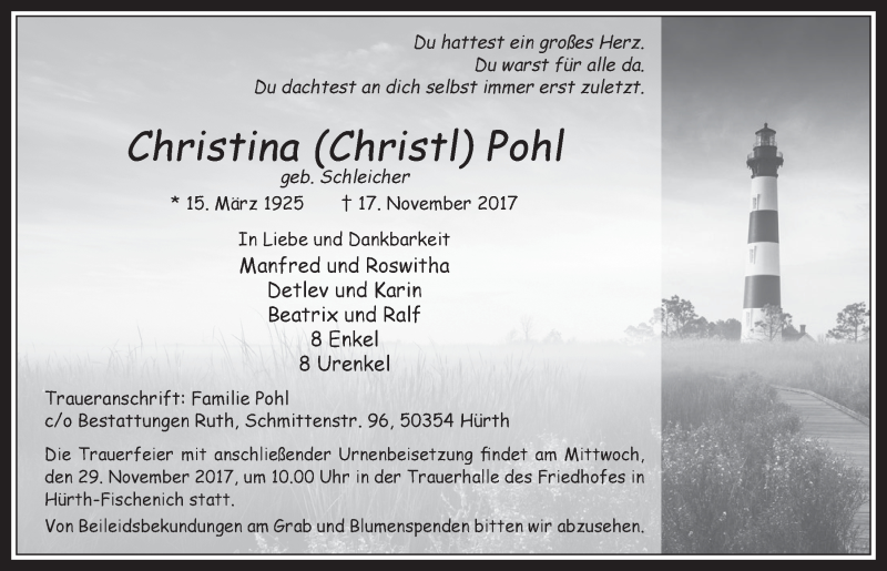  Traueranzeige für Christina  Pohl vom 22.11.2017 aus  Wochenende 