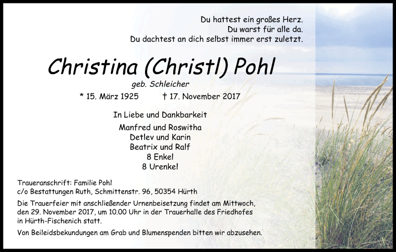  Traueranzeige für Christina  Pohl vom 22.11.2017 aus Kölner Stadt-Anzeiger / Kölnische Rundschau / Express