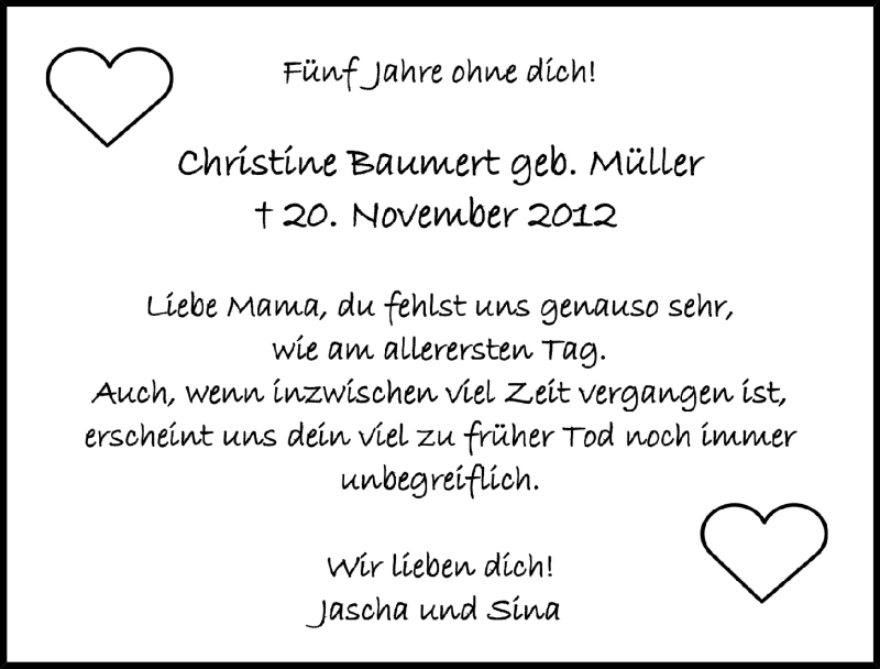  Traueranzeige für Christine Baumert vom 15.11.2017 aus  Anzeigen Echo 