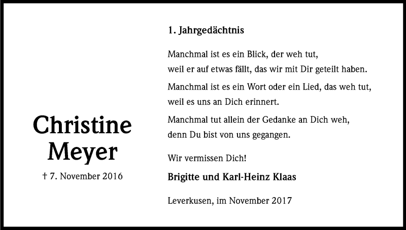  Traueranzeige für Christine Meyer vom 07.11.2017 aus Kölner Stadt-Anzeiger / Kölnische Rundschau / Express