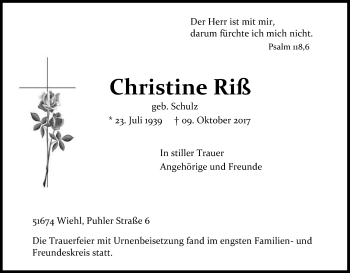 Anzeige von Christine Riß von Kölner Stadt-Anzeiger / Kölnische Rundschau / Express