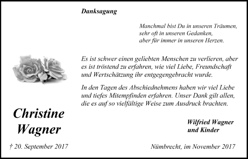  Traueranzeige für Christine Wagner vom 15.11.2017 aus  Lokalanzeiger 