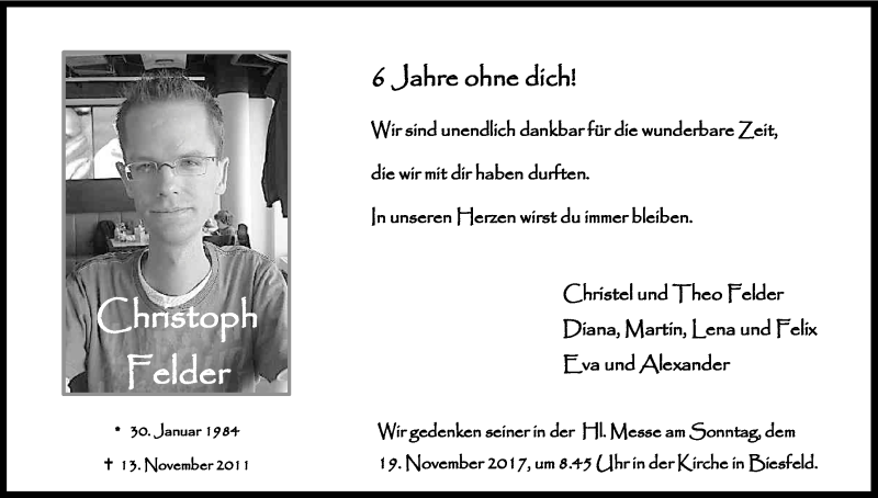  Traueranzeige für Christoph Felder vom 11.11.2017 aus Kölner Stadt-Anzeiger / Kölnische Rundschau / Express