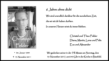 Anzeige von Christoph Felder von Kölner Stadt-Anzeiger / Kölnische Rundschau / Express