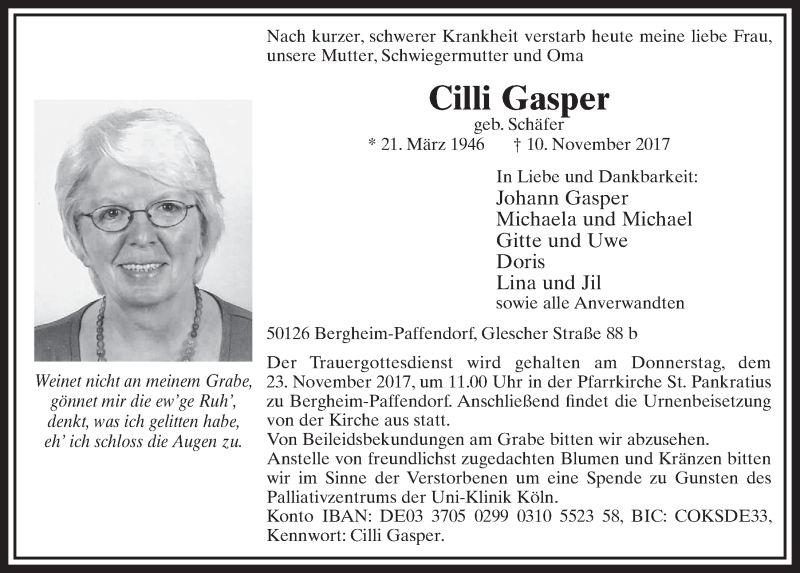  Traueranzeige für Cilli Gasper vom 18.11.2017 aus  Sonntags-Post 