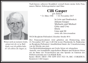 Anzeige von Cilli Gasper von  Sonntags-Post 