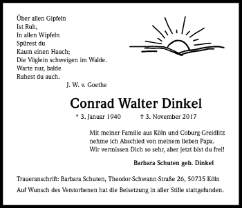 Anzeige von Conrad Walter Dinkel von Kölner Stadt-Anzeiger / Kölnische Rundschau / Express