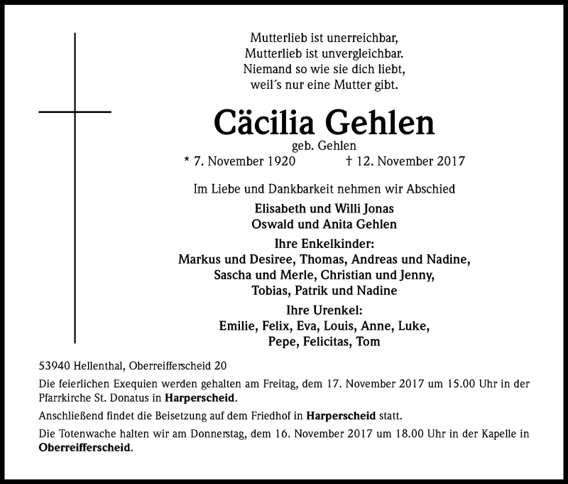  Traueranzeige für Cäcilia Gehlen vom 14.11.2017 aus Kölner Stadt-Anzeiger / Kölnische Rundschau / Express