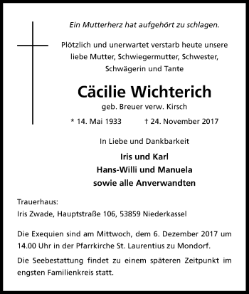Anzeige von Cäcilie Wichterich von Kölner Stadt-Anzeiger / Kölnische Rundschau / Express