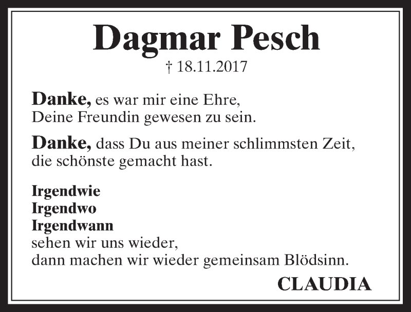  Traueranzeige für Dagmar Pesch vom 15.11.2017 aus  Wochenende 