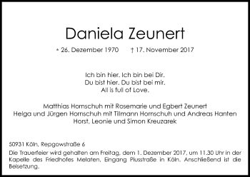 Anzeige von Daniela Zeunert von Kölner Stadt-Anzeiger / Kölnische Rundschau / Express