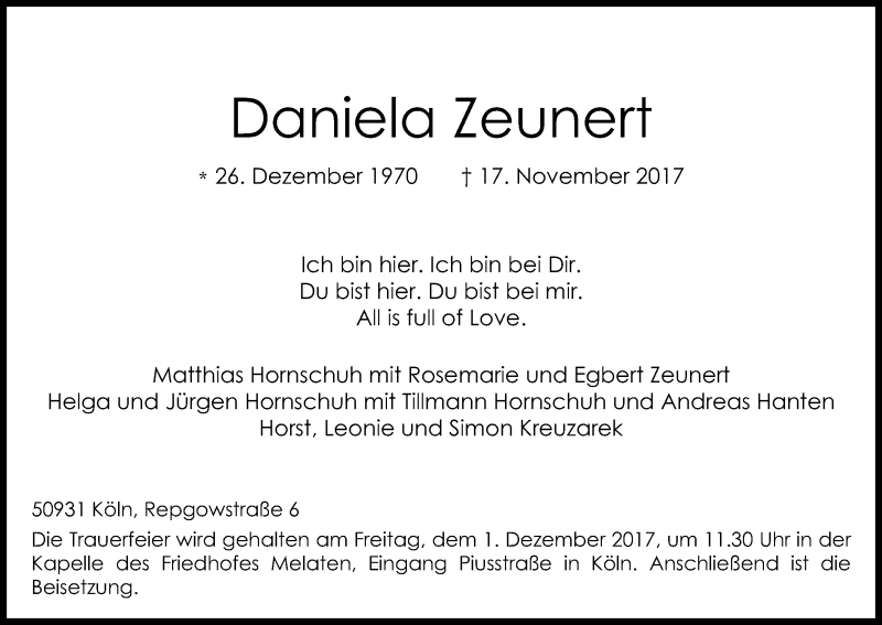  Traueranzeige für Daniela Zeunert vom 25.11.2017 aus Kölner Stadt-Anzeiger / Kölnische Rundschau / Express