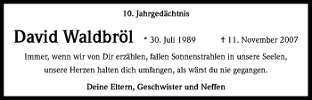 Anzeige von David Waldbröl von Kölner Stadt-Anzeiger / Kölnische Rundschau / Express