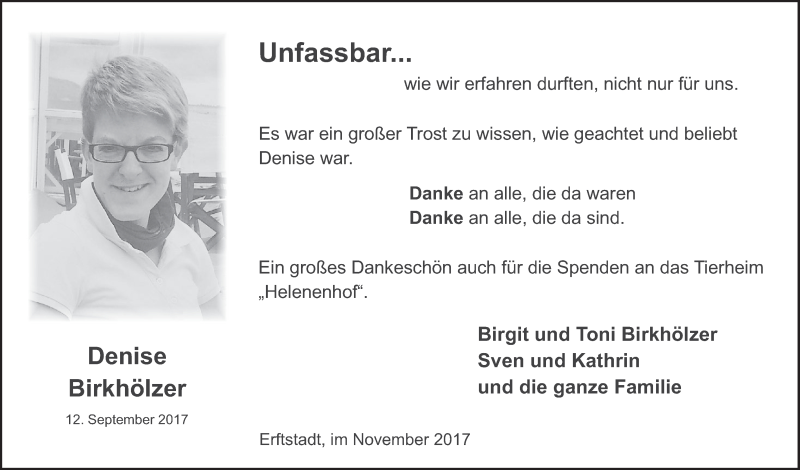  Traueranzeige für Denise Birkhölzer vom 22.11.2017 aus  Werbepost 