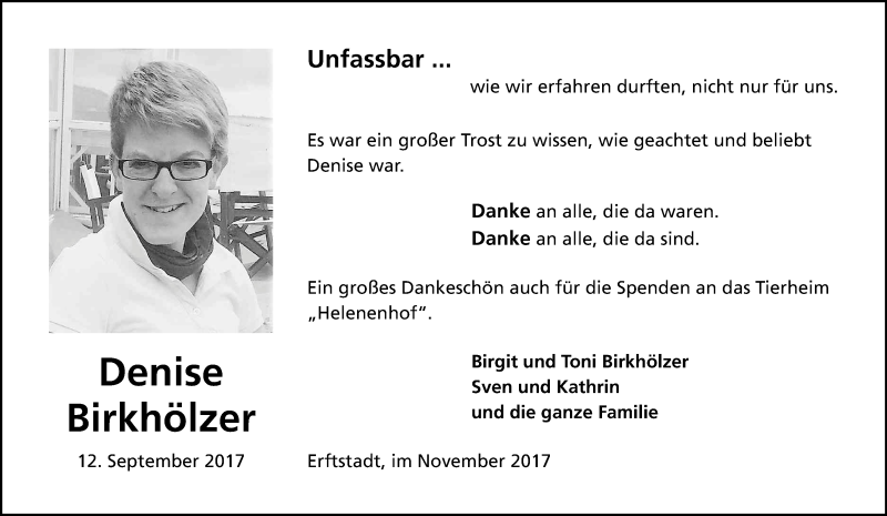  Traueranzeige für Denise Birkhölzer vom 18.11.2017 aus Kölner Stadt-Anzeiger / Kölnische Rundschau / Express