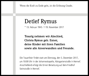 Anzeige von Detlef Rymus von Kölner Stadt-Anzeiger / Kölnische Rundschau / Express