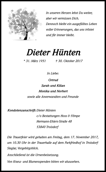 Anzeige von Dieter Hünten von Kölner Stadt-Anzeiger / Kölnische Rundschau / Express