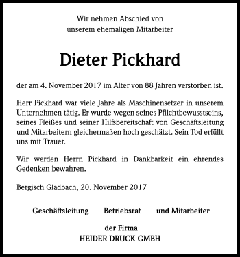 Anzeige von Dieter Pickard von Kölner Stadt-Anzeiger / Kölnische Rundschau / Express