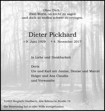 Anzeige von Dieter Pickhard von Kölner Stadt-Anzeiger / Kölnische Rundschau / Express