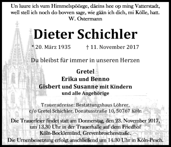 Anzeige von Dieter Schichler von Kölner Stadt-Anzeiger / Kölnische Rundschau / Express