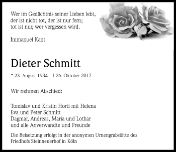 Anzeige von Dieter Schmitt von Kölner Stadt-Anzeiger / Kölnische Rundschau / Express