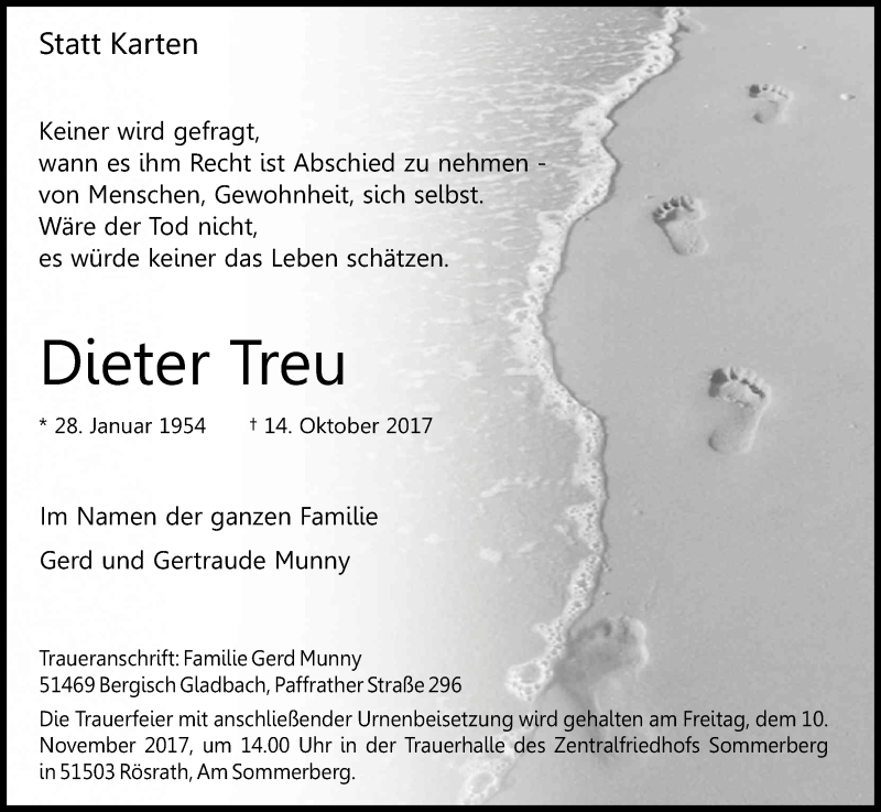  Traueranzeige für Dieter Treu vom 04.11.2017 aus Kölner Stadt-Anzeiger / Kölnische Rundschau / Express