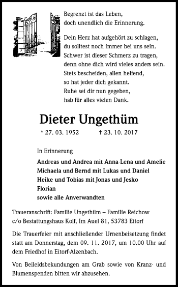 Anzeige von Dieter Ungethüm von Kölner Stadt-Anzeiger / Kölnische Rundschau / Express