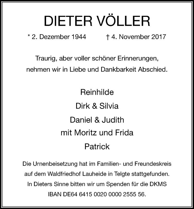  Traueranzeige für Dieter Völler vom 18.11.2017 aus Kölner Stadt-Anzeiger / Kölnische Rundschau / Express
