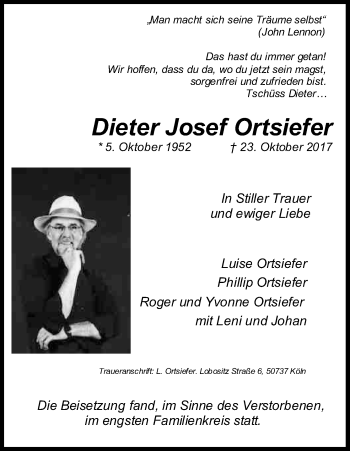 Anzeige von Dieter Josef Ortsiefer von Kölner Stadt-Anzeiger / Kölnische Rundschau / Express