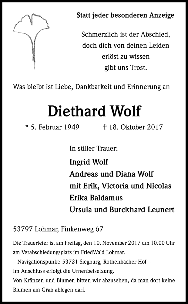  Traueranzeige für Diethard Wolf vom 04.11.2017 aus Kölner Stadt-Anzeiger / Kölnische Rundschau / Express