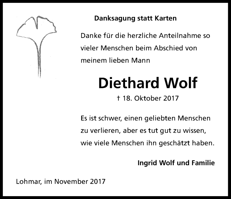  Traueranzeige für Diethard Wolf vom 18.11.2017 aus Kölner Stadt-Anzeiger / Kölnische Rundschau / Express