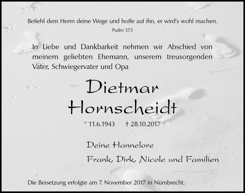  Traueranzeige für Dietmar Hornscheidt vom 08.11.2017 aus  Anzeigen Echo  Lokalanzeiger 