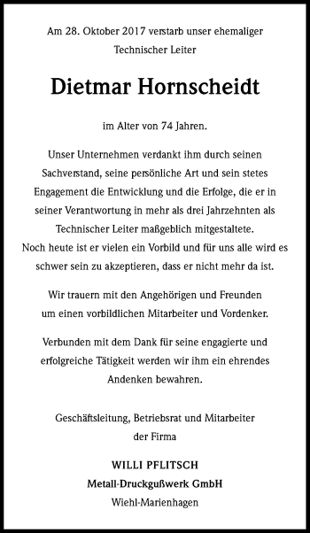 Anzeige von Dietmar Hornscheidt von Kölner Stadt-Anzeiger / Kölnische Rundschau / Express
