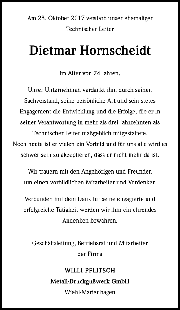  Traueranzeige für Dietmar Hornscheidt vom 08.11.2017 aus Kölner Stadt-Anzeiger / Kölnische Rundschau / Express