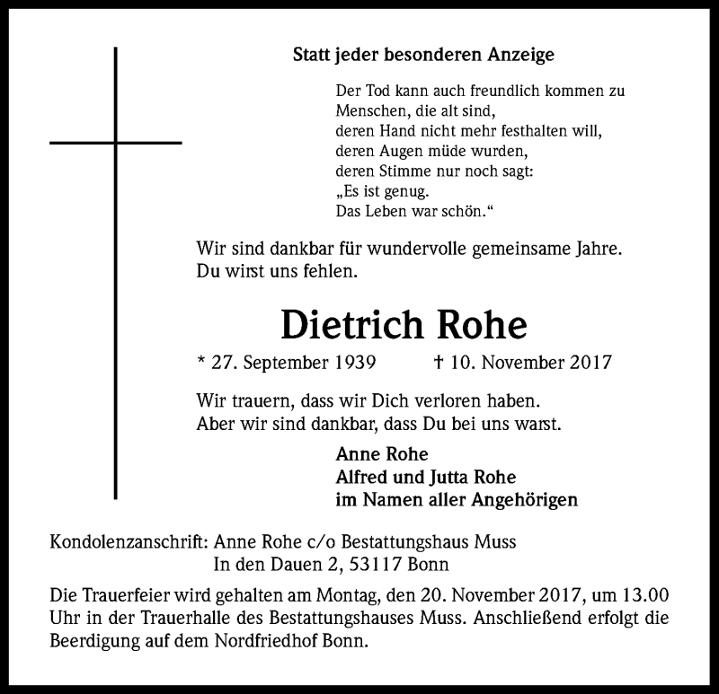  Traueranzeige für Dietrich Rohe vom 18.11.2017 aus Kölner Stadt-Anzeiger / Kölnische Rundschau / Express