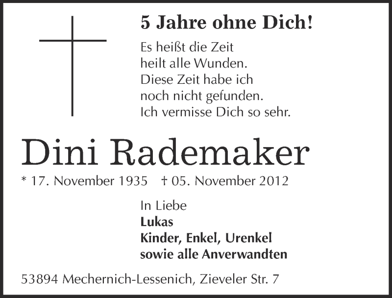  Traueranzeige für Dini Rademaker vom 04.11.2017 aus  Blickpunkt Euskirchen 
