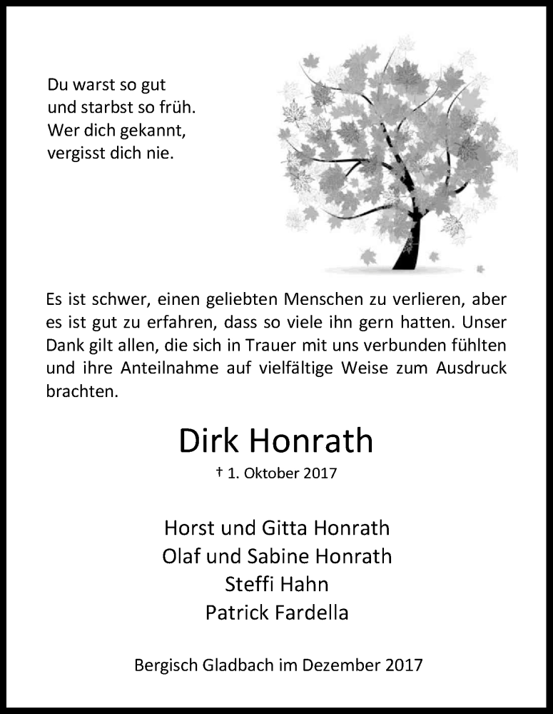  Traueranzeige für Dirk Honrath vom 25.11.2017 aus Kölner Stadt-Anzeiger / Kölnische Rundschau / Express