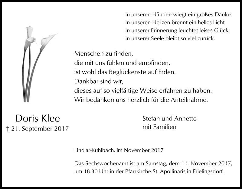  Traueranzeige für Doris Klee vom 04.11.2017 aus Kölner Stadt-Anzeiger / Kölnische Rundschau / Express