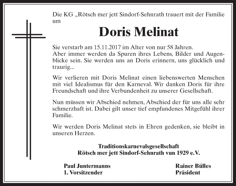  Traueranzeige für Doris Melinat vom 22.11.2017 aus  Werbepost 