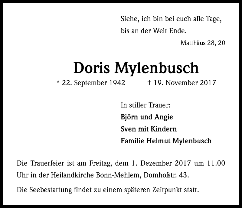  Traueranzeige für Doris Mylenbusch vom 25.11.2017 aus Kölner Stadt-Anzeiger / Kölnische Rundschau / Express