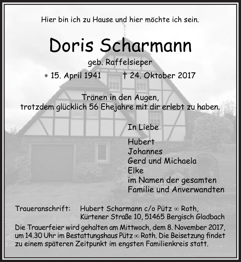  Traueranzeige für Doris Scharmann vom 04.11.2017 aus  Bergisches Sonntagsblatt 