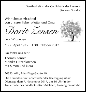 Anzeige von Dorit Zensen von Kölner Stadt-Anzeiger / Kölnische Rundschau / Express
