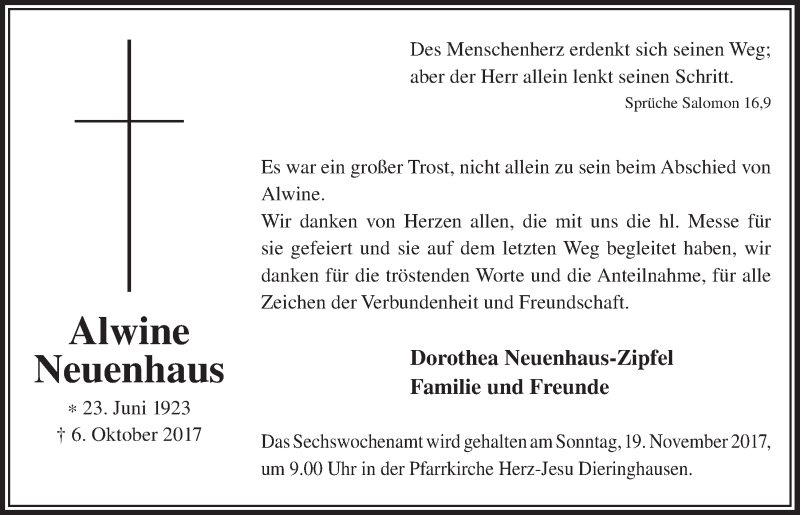  Traueranzeige für Dorothea Neuenhaus vom 15.11.2017 aus  Anzeigen Echo 