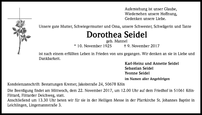  Traueranzeige für Dorothea Seidel vom 15.11.2017 aus Kölner Stadt-Anzeiger / Kölnische Rundschau / Express
