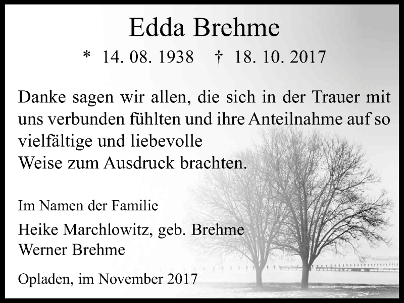  Traueranzeige für Edda Brehme vom 04.11.2017 aus Kölner Stadt-Anzeiger / Kölnische Rundschau / Express