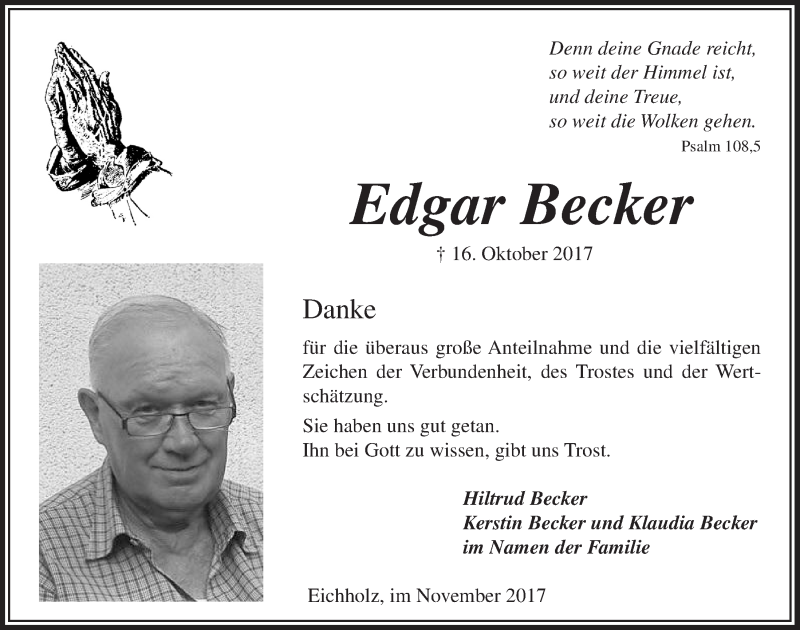  Traueranzeige für Edgar Becker vom 22.11.2017 aus  Lokalanzeiger 