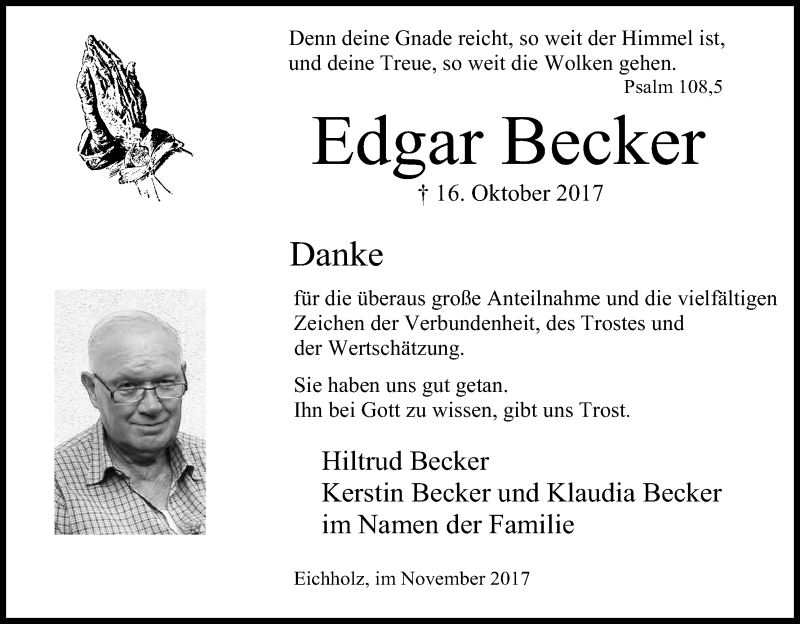  Traueranzeige für Edgar Becker vom 25.11.2017 aus Kölner Stadt-Anzeiger / Kölnische Rundschau / Express