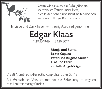 Anzeige von Edgar Klaas von  Lokalanzeiger 