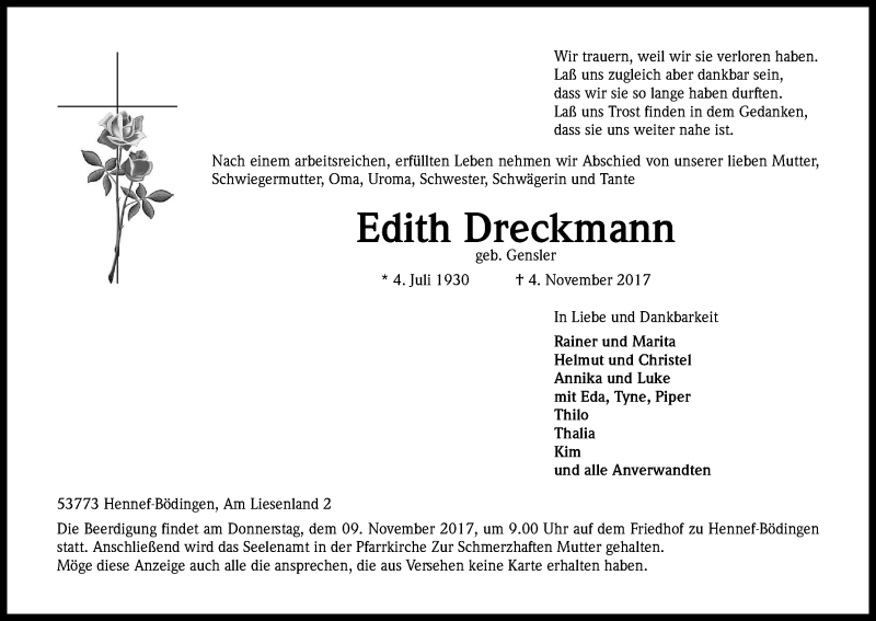  Traueranzeige für Edith Dreckmann vom 08.11.2017 aus Kölner Stadt-Anzeiger / Kölnische Rundschau / Express